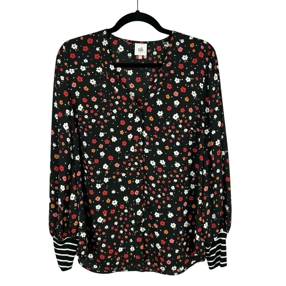 Cabi Floral Long Sleeves Striped Cuffs Button Down Blouse Small Black Red - Picture 2 of 13